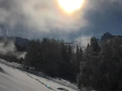 a snow covered slope with trees and the sun in the sky at L'ENVOLéE in Samoëns