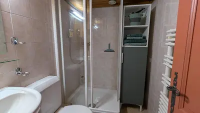a bathroom with a shower and a toilet and a sink at les Cristaux in Combloux
