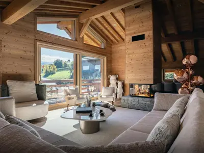 a living room with a couch and a fireplace at Chalet Ellambra - OVO Network in Combloux