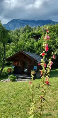 a plant with pink flowers in front of a house at Petit mazot savoyard in Servoz