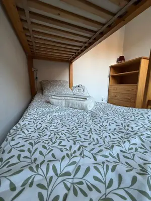 a bedroom with a bed with a blue and white comforter at Joli 2P Mummery centre-ville de Chamonix in Chamonix-Mont-Blanc