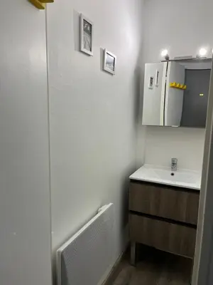 a bathroom with a sink and a mirror at Verseau Flaine Forêt in Arâches-la-Frasse