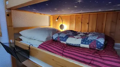 a bed in a cabin with a wooden wall at Alpen Marvel in Morillon