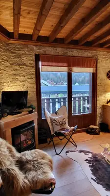 a living room with a chair and a fireplace at Alpen Marvel in Morillon