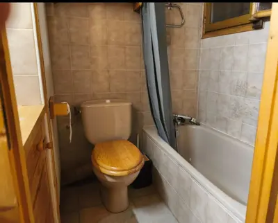 a bathroom with a toilet and a bathtub with a toilet seat at Apartment near city center in Saint-Gervais-les-Bains