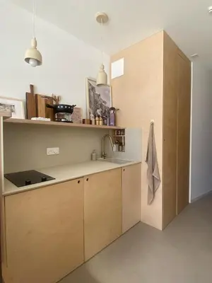 a kitchen with wooden cabinets and a sink at Appartement Chamonix in Chamonix-Mont-Blanc