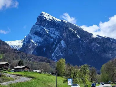 a snow covered mountain in front of a green field at Bel appartement neuf 8 pers, Samoëns, près village, WIFI inclus - FR-1-642-100 in Samoëns
