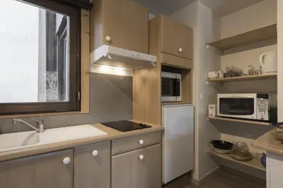 a kitchen with a sink and a refrigerator at Le Castel des Roches - Sejour ski & spa in Saint-Gervais-les-Bains
