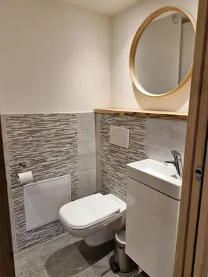 a bathroom with a toilet and a sink and a mirror at TigerLily, Samoens in Samoëns