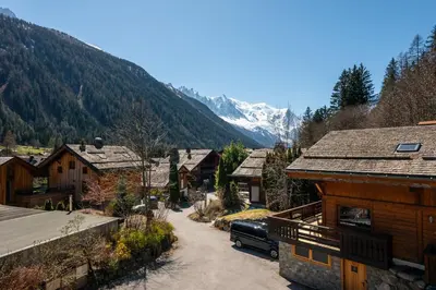 a view of a village with a mountain in the background at Apartment Soleil, Alpes Travel, Argentière, Sleeps 9 in Chamonix-Mont-Blanc