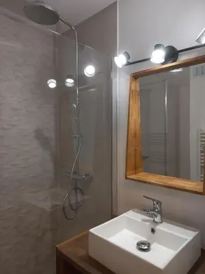 a bathroom with a sink and a shower at Au pied des pistes in Les Contamines-Montjoie