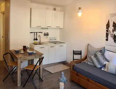 a room with a kitchen and a table and a bed at Le studio du Cerf in Chamonix-Mont-Blanc