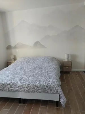 a bedroom with a bed with mountains on the wall at Appartement adapté PMR 4 personnes Saint Gervais les Bains in Saint-Gervais-les-Bains