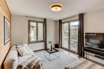 a living room with a couch and a television at White Pearl Mountains Modern 2-bedroom apartment with great location in Chamonix-Mont-Blanc