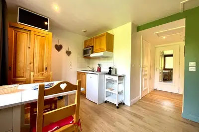 a kitchen with wooden floors and a white refrigerator at Petite Cordée in Combloux