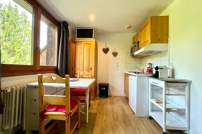 a small kitchen with a table and a counter top at Petite Cordée in Combloux