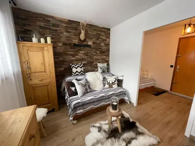 a living room with a couch and a brick wall at Studio Carroz d'Arâches 4 pers in Arâches-la-Frasse