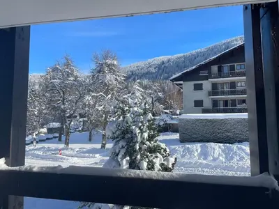 a view from a window of snow covered trees and a building at Studio Carroz d'Arâches 4 pers in Arâches-la-Frasse