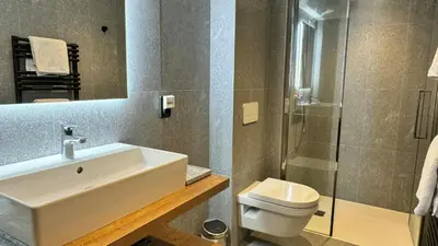 a bathroom with a sink and a toilet and a shower at Luxury Penthouse With Mont Blanc Views In Megève in Megève