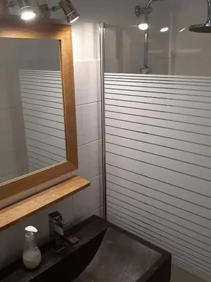 a bathroom with a sink and a mirror and a shower at Grand Studio 25 m2, lumineux, central, vue Mont-Blanc in Chamonix-Mont-Blanc