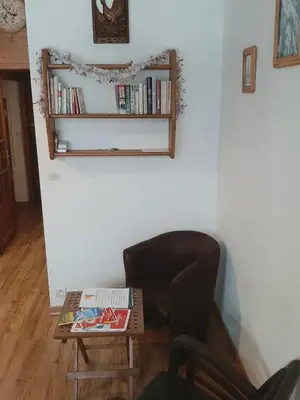 a living room with a chair and a table with books at Grand Studio 25 m2, lumineux, central, vue Mont-Blanc in Chamonix-Mont-Blanc