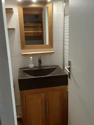 a bathroom with a sink and a mirror at Grand Studio 25 m2, lumineux, central, vue Mont-Blanc in Chamonix-Mont-Blanc
