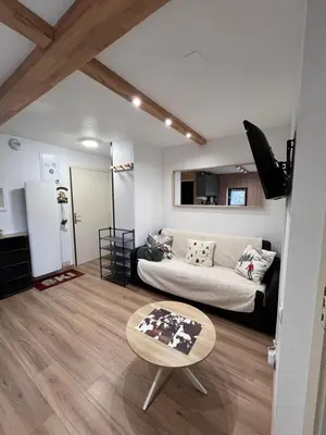 a living room with a couch and a table at Le LODGE Les Esserts 1100 Morillon in Morillon
