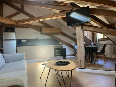 a living room with a couch and a tv on a pole at Ambiance alpine in Sallanches