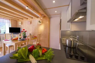 a kitchen with a table with vegetables on the counter at Résidence Grand Roc - Campanules 112 - Happy Rentals in Chamonix-Mont-Blanc