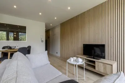a living room with a couch and a tv at Cristal des Glaces 3 - Proche lac - Vues in Chamonix-Mont-Blanc