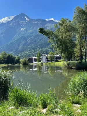 a body of water with a mountain in the background at NEW Lac Chavants apartment - 4 beds in Les Houches
