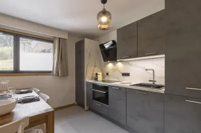 a kitchen with gray cabinets and a sink at Le mazot de Kayla - Espace bien être, picine in Les Houches