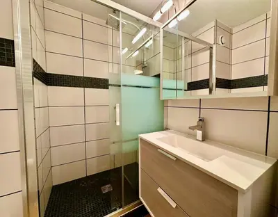 a bathroom with a sink and a glass shower at appartement 4 personnes au coeur de la station des carroz d arâches in Arâches-la-Frasse