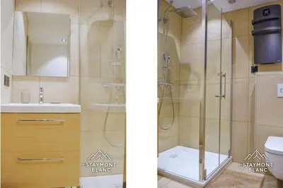 a bathroom with a shower with a toilet and a sink at Nid douillet au pied du Tramway du MontBlanc à Saint-Gervais in Saint-Gervais-les-Bains