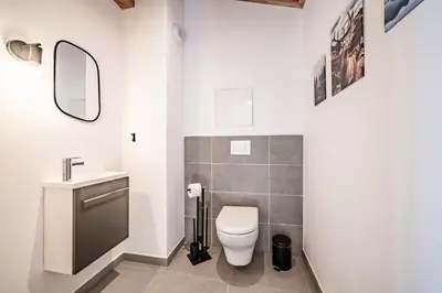 a bathroom with a toilet and a sink and a mirror at Apartment Cerna Les Houches - by EMERALD STAY in Les Houches