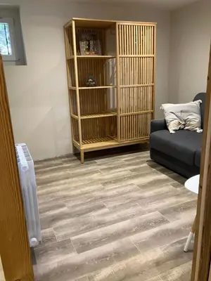 a living room with a couch and a book shelf at Rare, charmant T3 de 63m2, calme dans une maison, place de parking comprise in Chamonix-Mont-Blanc