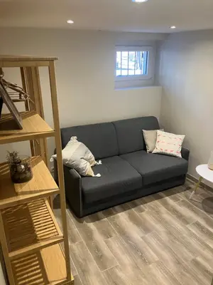 a living room with a black couch in a room at Rare, charmant T3 de 63m2, calme dans une maison, place de parking comprise in Chamonix-Mont-Blanc