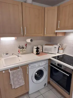 a kitchen with a washing machine and a microwave at Joli studio avec terrasse in Sallanches