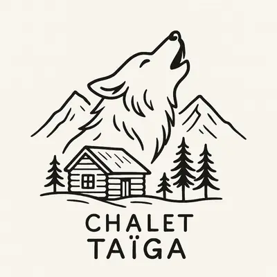 a drawing of a wolf howling at a cabin at Chalet Taïga face au Montblanc et à 7min de Megève in Combloux