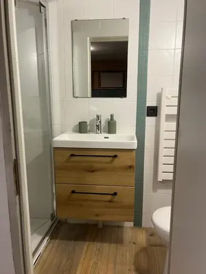 a bathroom with a sink and a mirror at Chalet Taïga face au Montblanc et à 7min de Megève in Combloux
