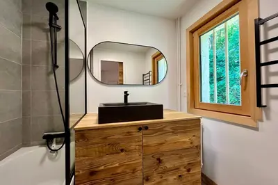 a bathroom with a sink and a mirror at Les Tulipes Blanches in Megève