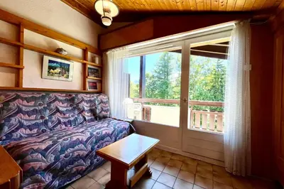 a living room with a couch and a window at Les Toits des Cateaux in Combloux