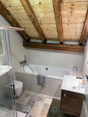 a bathroom with a wooden ceiling and a tub and a toilet at Chalet Tomsine in Samoëns