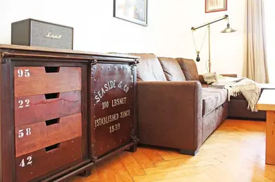 a living room with a brown couch and a tv at Alpine Museum- Chamonix All Year in Chamonix-Mont-Blanc