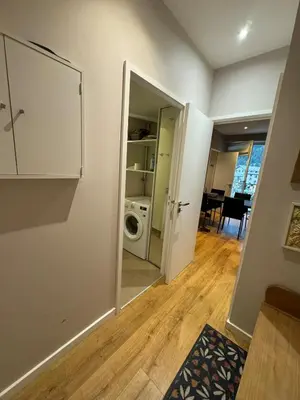 a living room with a washer and dryer at Chamonix city center rue Paccard in Chamonix-Mont-Blanc