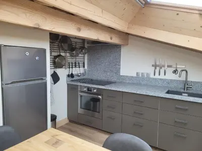 a kitchen with stainless steel appliances and a wooden ceiling at Le Top des Praz in Chamonix-Mont-Blanc