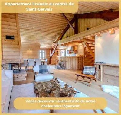 an open living room with wooden walls and wooden floors at Appartement La Comtesse I Centre de Saint-Gervais in Saint-Gervais-les-Bains