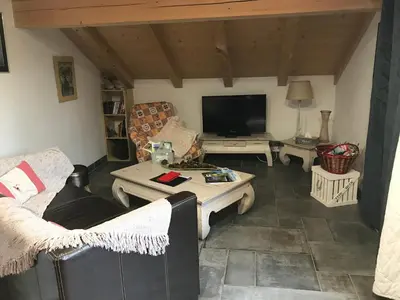 a living room with two couches and a tv at Gite Le sommet in Sallanches