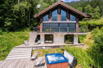 an aerial view of a house with a pool at Chalet La Source - Chamonix All Year in Chamonix-Mont-Blanc