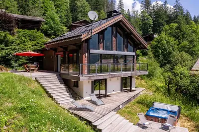 an aerial view of a house with a pool at Chalet La Source - Chamonix All Year in Chamonix-Mont-Blanc